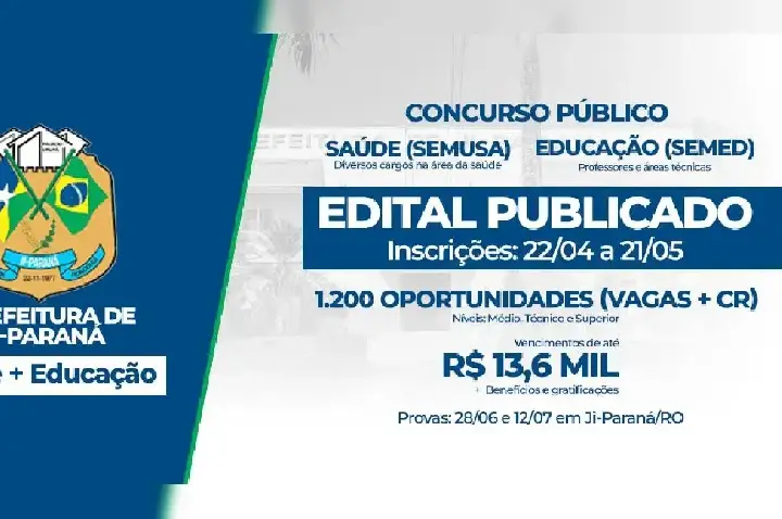 Ji-Paraná abre concursos públicos para Educação e Saúde com salários de até R$ 10 mil