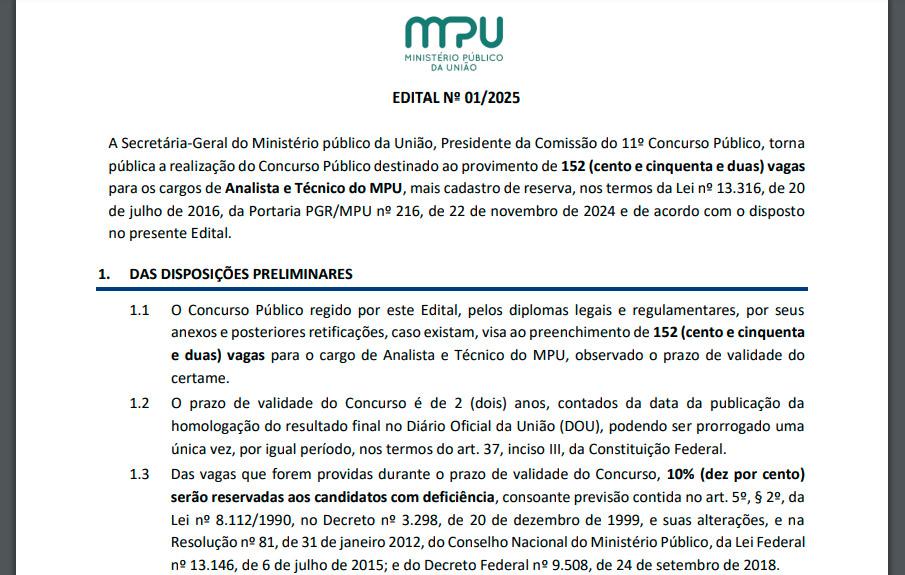 Edital do Concurso Público do MPU Abre 152 Vagas