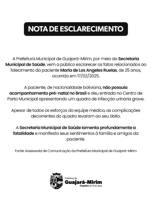 Prefeitura de Guajará-Mirim esclarece circunstâncias do falecimento de paciente