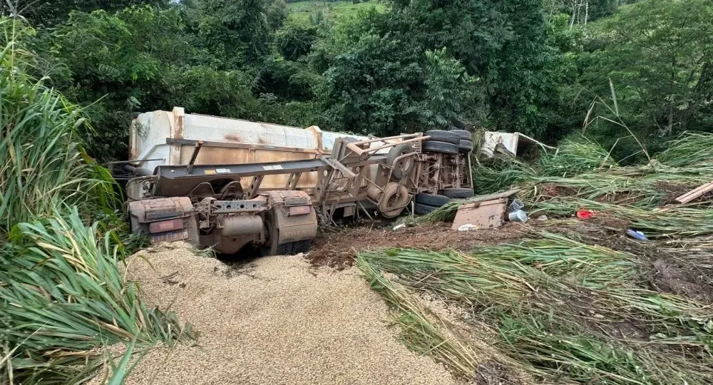 Carreta carregada de soja tomba próximo de curva na BR-364