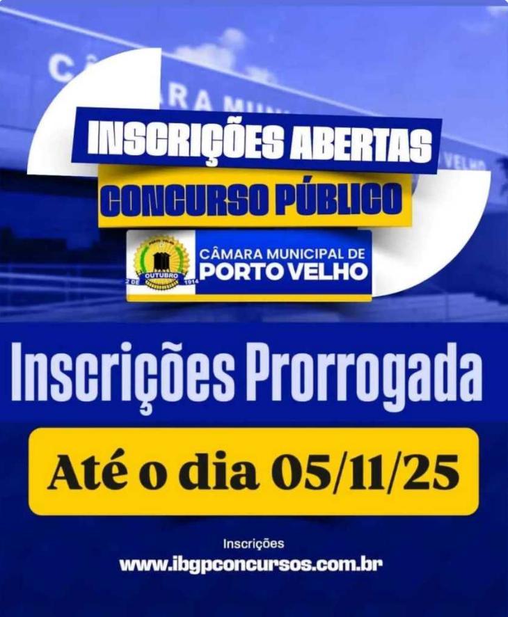 Câmara de Porto Velho prorroga inscrições de concurso com 48 vagas e salários de até R$ 10 mil