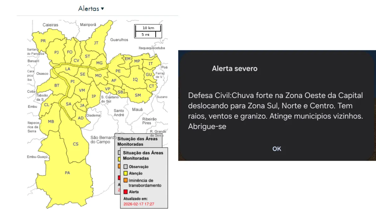 Defesa Civil de São Paulo emite alerta severo de chuva forte para esta terça-feira (17)