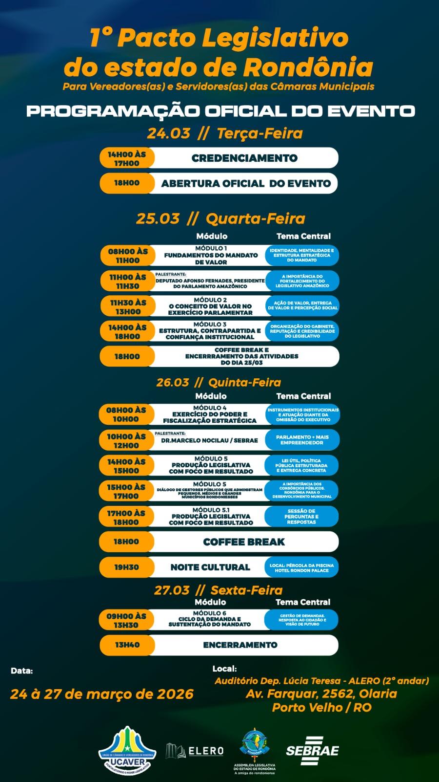 Programação do 1º Pacto Legislativo do Estado de Rondônia (Foto: Divulgação)