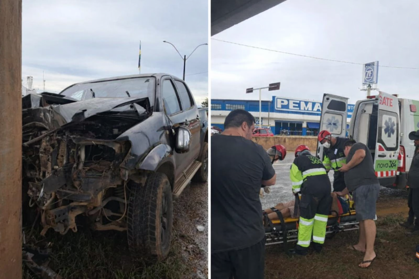 Motorista fica ferido após caminhonete bater em pilar de viaduto na BR-364