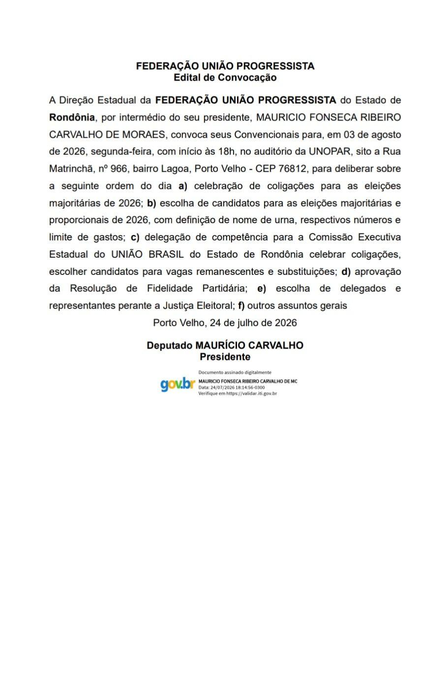 Edital de convocação - Convenção Partidária Estadual - UniãoProgressistas