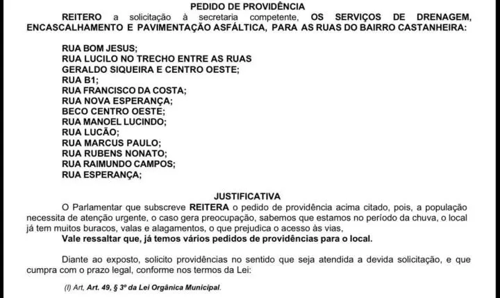 Edimilson Dourado reforça pedido por asfaltamento de ruas no Bairro Castanheira, em Porto Velho